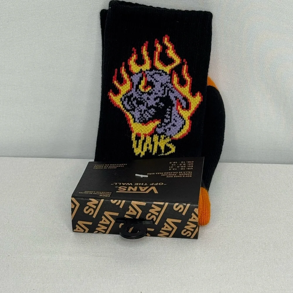 Vans Black Socks with Vibrant Flame Design fits boys shoe size 10-13.5